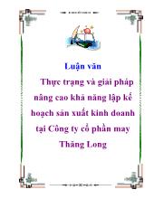 Luận văn Thực trạng và giải pháp nâng cao khả năng lập kế hoạch sản xuất kinh doanh tại Công ty cổ phần may Thăng Long