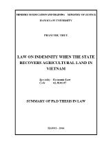 Tóm tắt Luận án Law on indemnity when the state recovers agricultural land in Vietnam